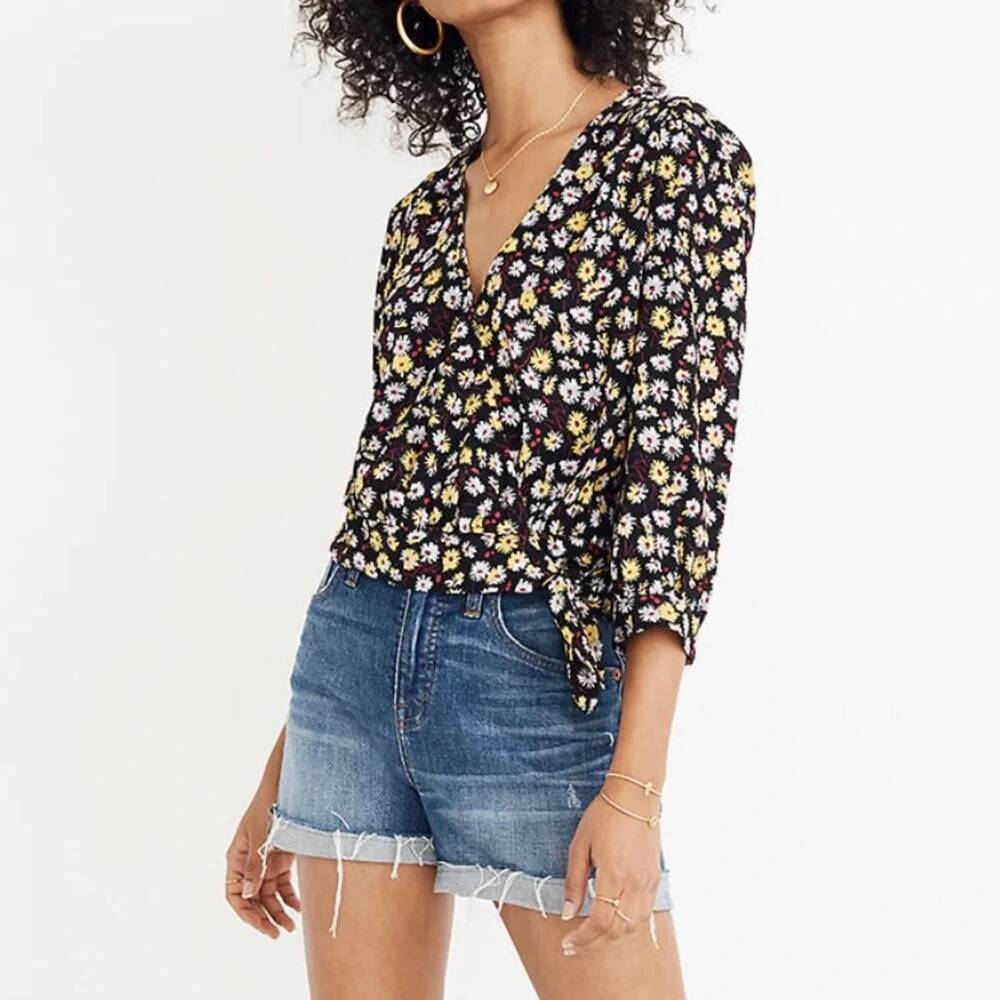 NEW MADEWELL french dark floral wrap blouse in black